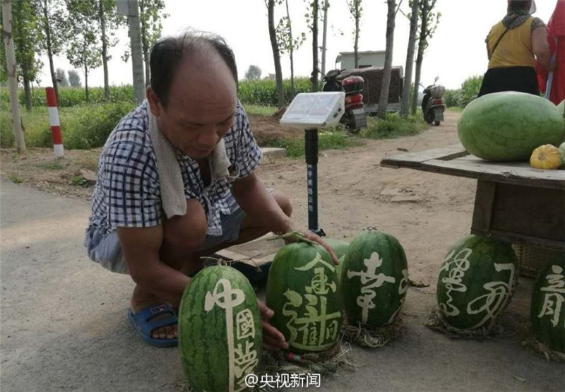 Drei Tonnen Wassermelonen mit chinesischen Schriftzeichen gehen weg wie warme Semmeln