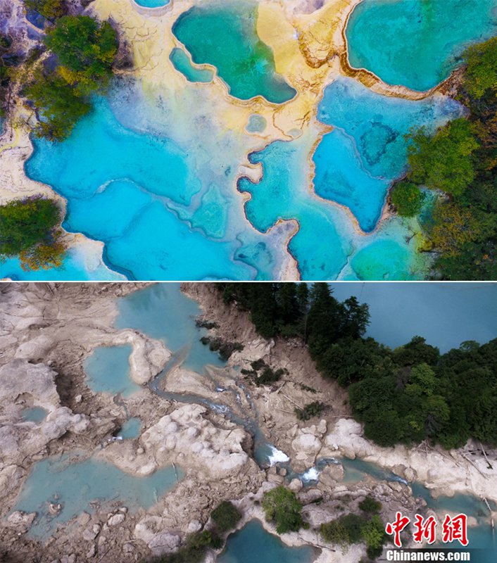 Naturschutzgebiet Jiuzhaigou vor und nach dem Erdbeben aus der Luft