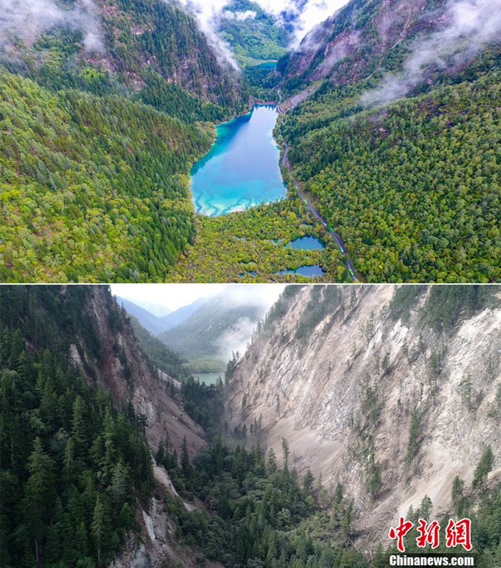 Naturschutzgebiet Jiuzhaigou vor und nach dem Erdbeben aus der Luft