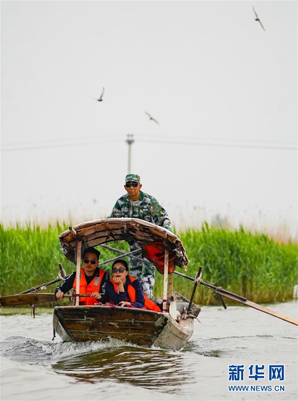 Touristen besuchen den Baiyangdian-See in Xiong'an New Area