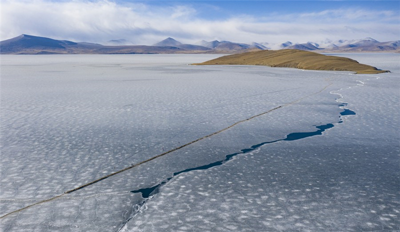 Spektakuläre Schafwanderung auf eisigem See in Tibet