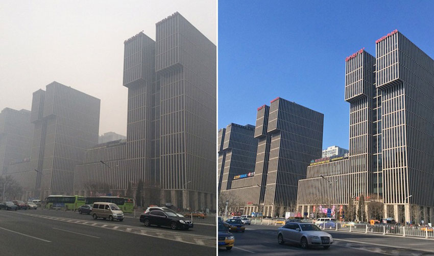Beijings CBD vor und nach dem Smog