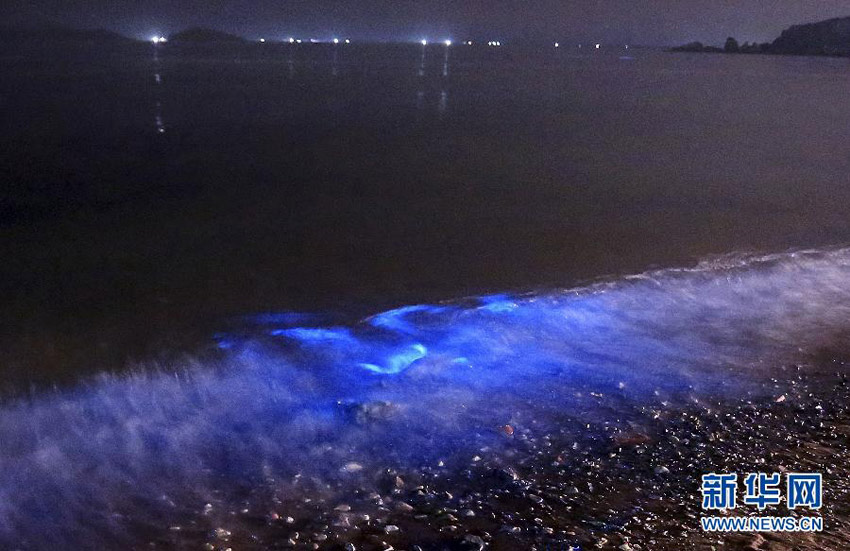 Dalians Meer erstrahlt am Abend blau